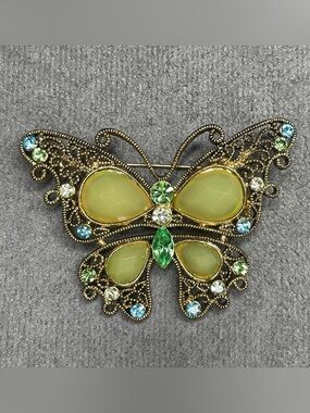 Gold-Tone Green Gemstone Butterfly Brooch